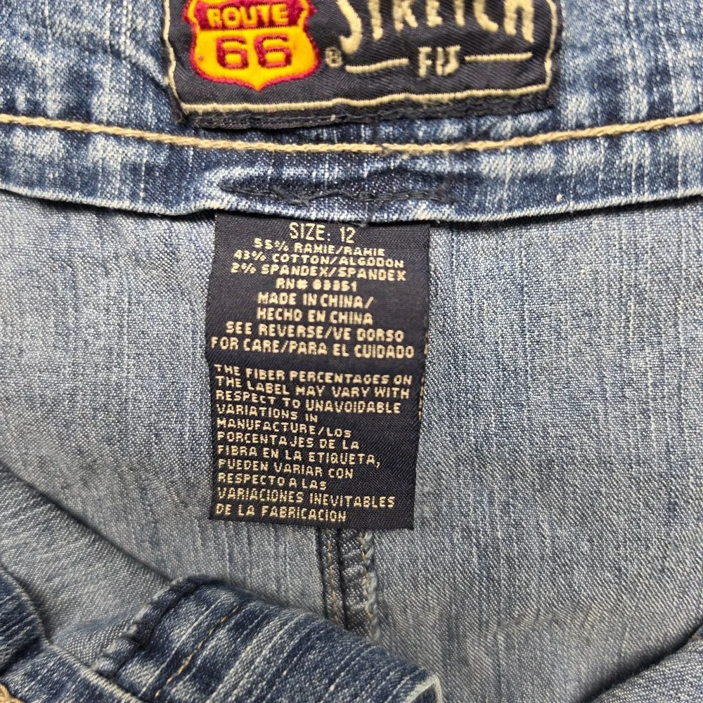 Vintage Route 66 Y2K Denim Mini Skirt Size 12 Stretch Cargo Pockets Blue Medium